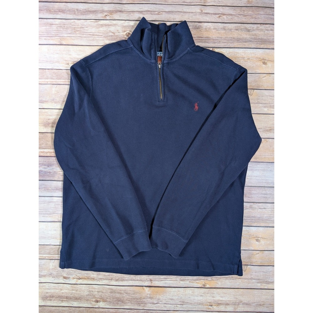 Polo Ralph Lauren Quarter Zip Pullover Mens L Cotton Navy Blue Red Pony Logo